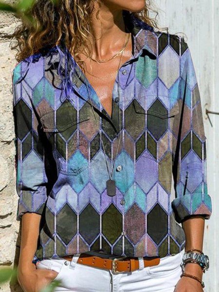 Long Sleeve Casual Printed Blouse, Blue, Blouses & Shirts