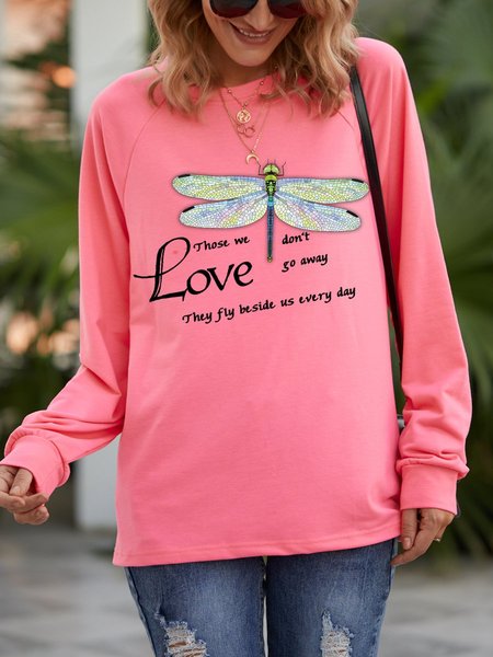 Dragonfly Print Long Sleeve Round Neck Loose Top, Pink, Hoodies&Sweatshirts