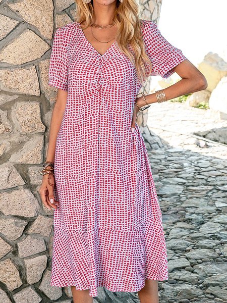V Neck Orange Pink Casual Midi Dress, Midi Dresses