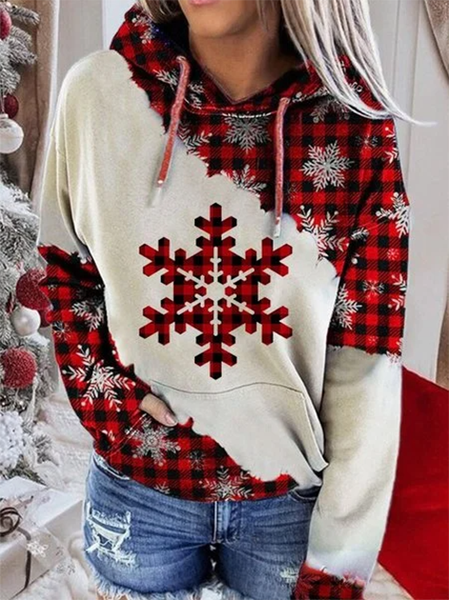 Ladies' plaid snowflake print casual Hoodie, Red, Auto-clearance