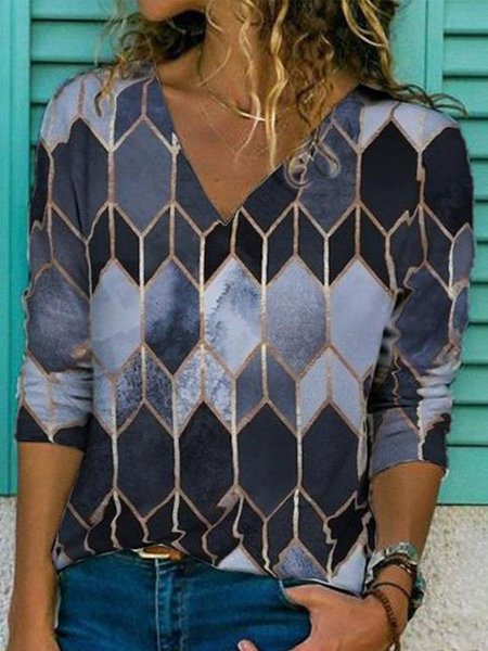 Cotton-Blend Printed V Neck Sexy Shirts & Tops, Blue, Tops