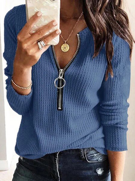 Long Sleeve V Neck Sweater, Blue, Tops