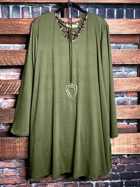 V-Neck Cotton-Blend Solid Loose Tunic Tops, Olive green, Shirts & Blouses