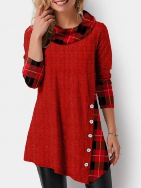 Paneled Casual Long Sleeve Shirts & Tops, Red, Hoodies&Sweatshirts