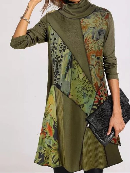 Abito Risvolto Sottile Maniche Lunghe T-shirt Floreale Dritto Maniche Lunghe Donna, Verde, Casual Dresses