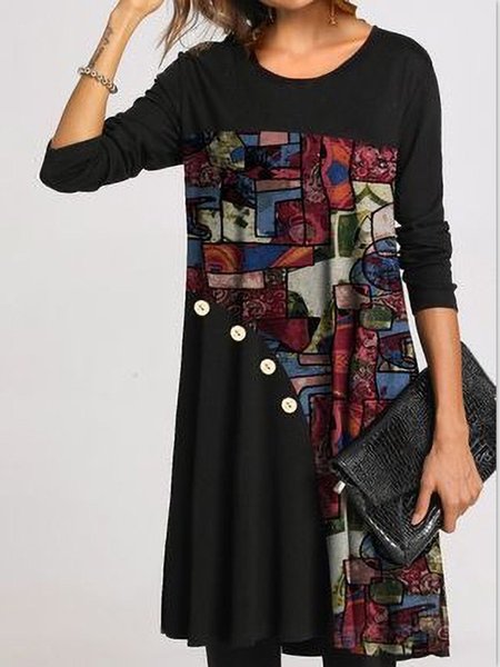 Casuale Cucitura Maglione Girocollo A-line Gonna Dritto Geometrico Girocollo Gonna Casuale, Nero, Casual Dresses
