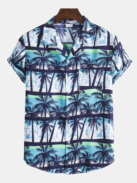 Men's Printed Casual Shirt Collar Shirts, Blue, Men's Floral shirt