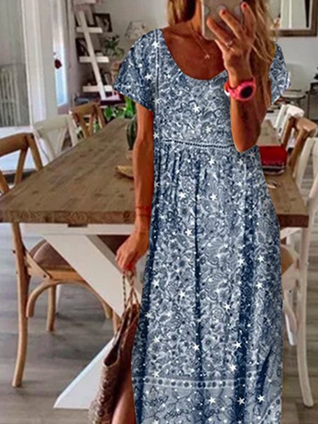 Short Sleeve Casual Dresses, Blue, Midi Dresses