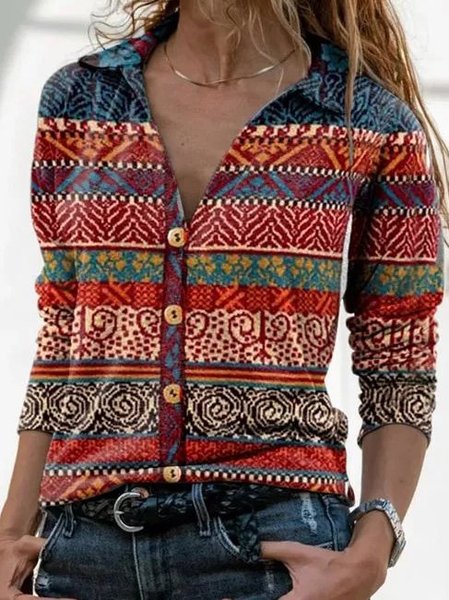 Casual Striped V Neck Cotton-Blend Tops, Red, Tops