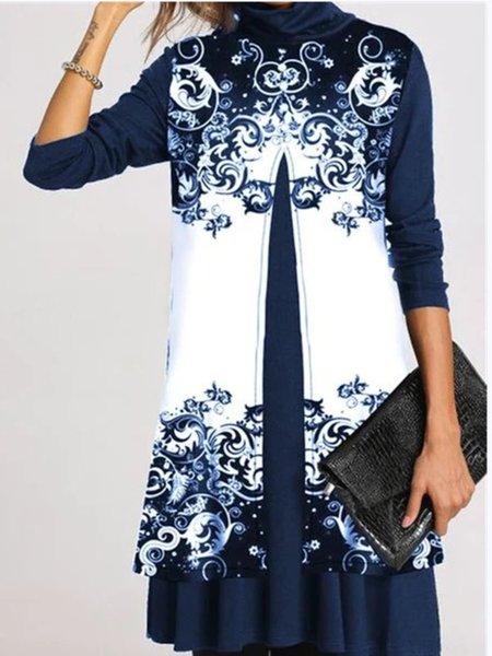 Top Dolcevita Semplice Maniche Lunghe, Blu, Midi Dresses