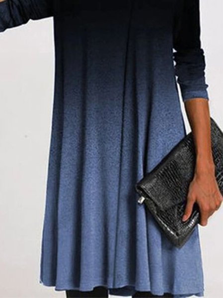Elegant Ombre/tie-Dye Long Sleeve Cotton-Blend Dresses, Blue, Midi Dresses