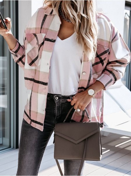 Cotton Plaid Casual Overshirt, Pink, Jackets