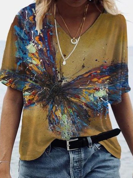 V Neck Short Sleeve Shirts & Tops, Brown, Winter Clearance