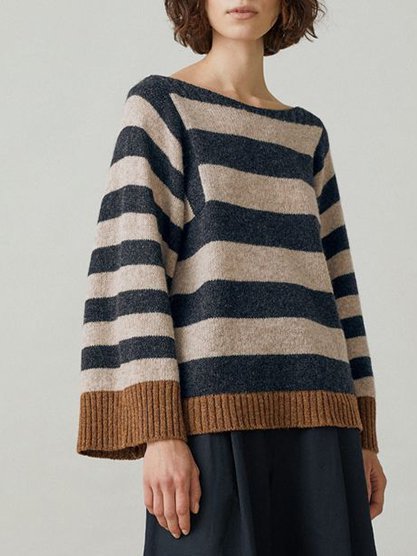 Acrylic Casual Long Sleeve Sweater, White-black, Sweaters