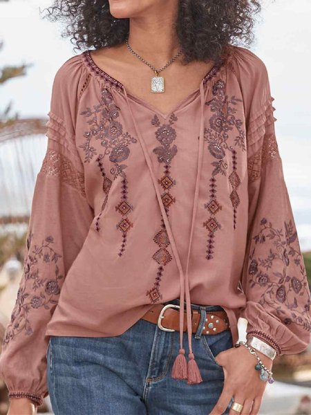 V Neck Floral-Print Casual Shirts & Tops, Pink, Blouses & Shirts