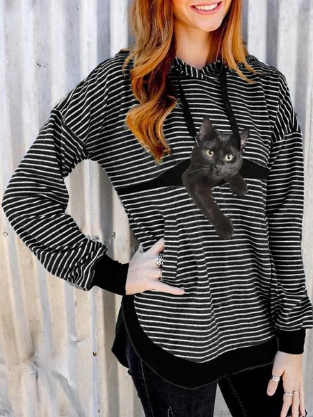 Black Cat Print Long Sleeve Drawstring White Striped Hooded T-shirt, Tops