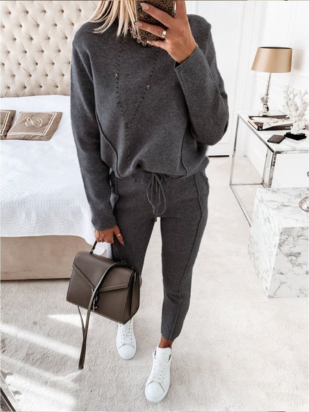 Casual Crew Neck Suits, Deep gray, Two-piece Outfits