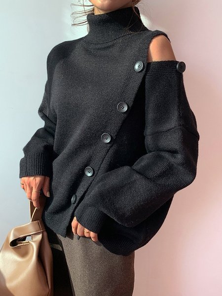 Simple Solid Long Sleeve Sweater, Black, Sweaters