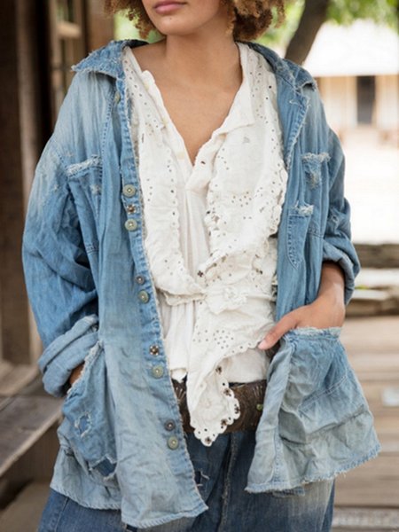 Long Sleeve Shirt Collar Denim Shift Fleece Coat Tops, Blue, Coats