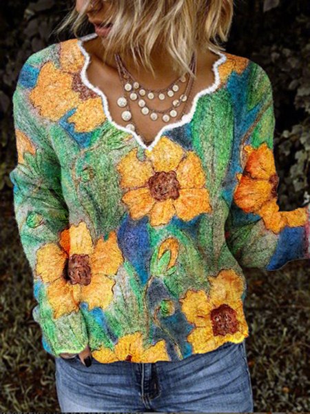 Green Floral Printed Casual V Neck Shift Shirts & Tops, Tops