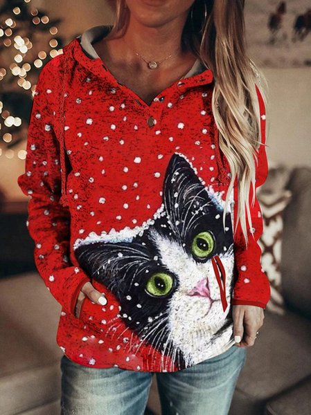 Christmas Cat Hooded Sweatshirt, Red, Hoodies & Sweatshirts