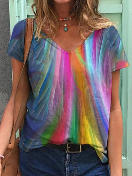 Abstract Painting Print T-shirt Short Sleeve V Neck Shift T-shirt, Purple, T-Shirts