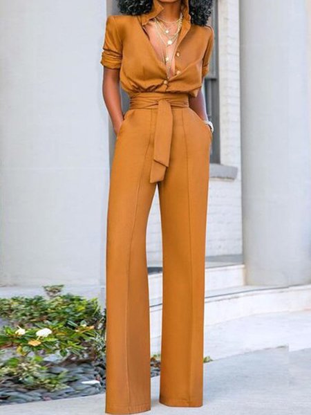 Maniche Lunghe Colletto a Camicia Solido Suits con Pantaloni, Giallo, Jumpsuits