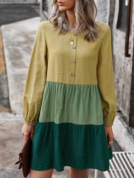 Solid Crew Neck Shift Long Sleeve Mini Dress, Yellow, Dresses