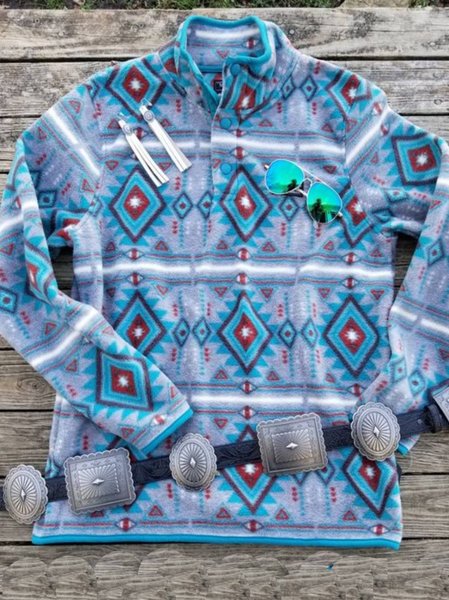 Boho Cotton Stand Collar Sweatshirts, Blue, Tops