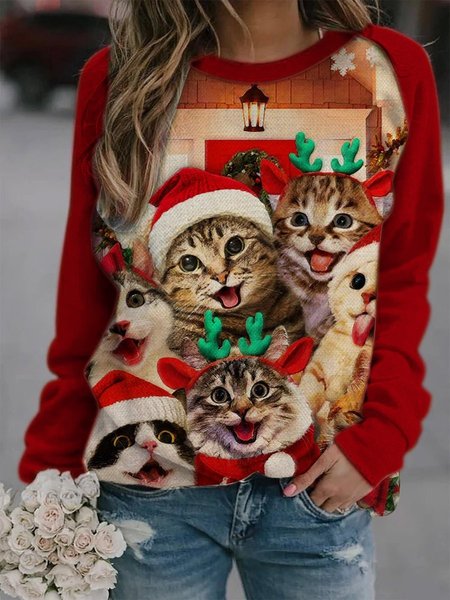 Christmas Cat Sweatshirt, Red, Hoodies & Sweatshirts