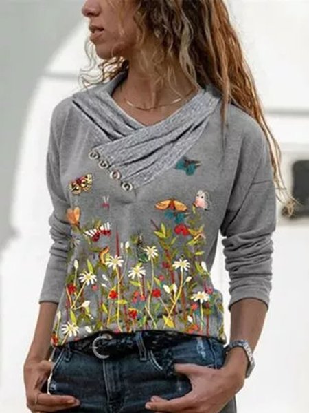 Animal Casual V-Neckline Long Sleeve Blouses, Gray, Long sleeve tops