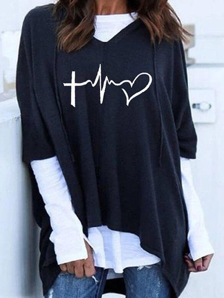 Print Faux Two-pieces Color Block Round Neck Long Sleeves Hooded, Black, Tops