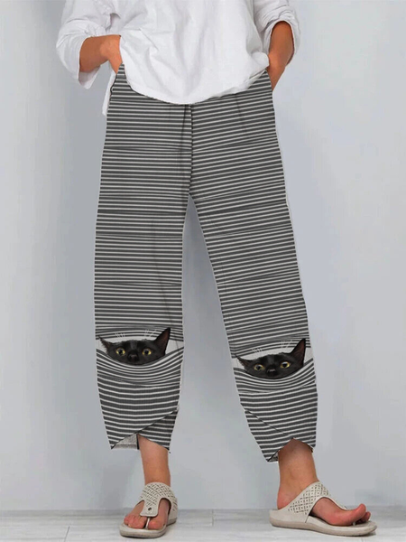 Cat Printed Stripes Pants, Black, Pants