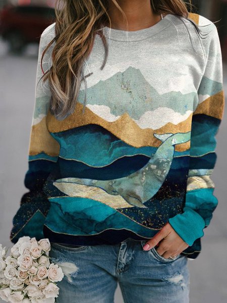 WOMEN'S MOUNTAIN WHALE PRINTED ROUND NECK CASUAL SWEATSHIRT, Blue, Tees & T-shirts
WOMEN'S MOUNTAIN WHALE PRINTED ROUND NECK CASUAL SWEATSHIRT, Blue, Tees & T-shirts