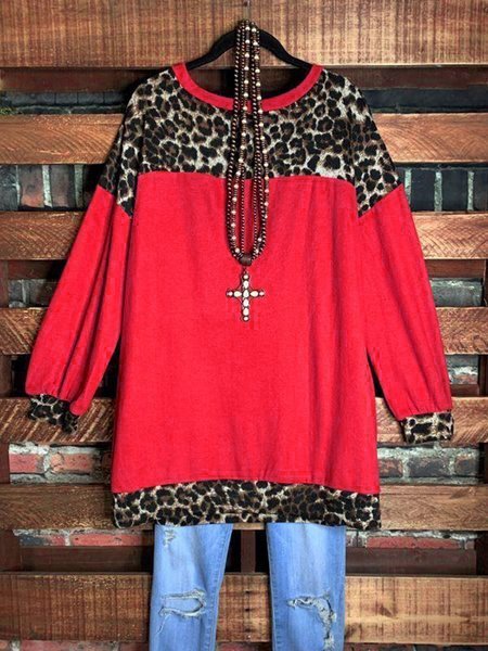 Animal Print Contrast Balloon Sleeves Casual Brush Sweater Tunic, Orange, Sweaters