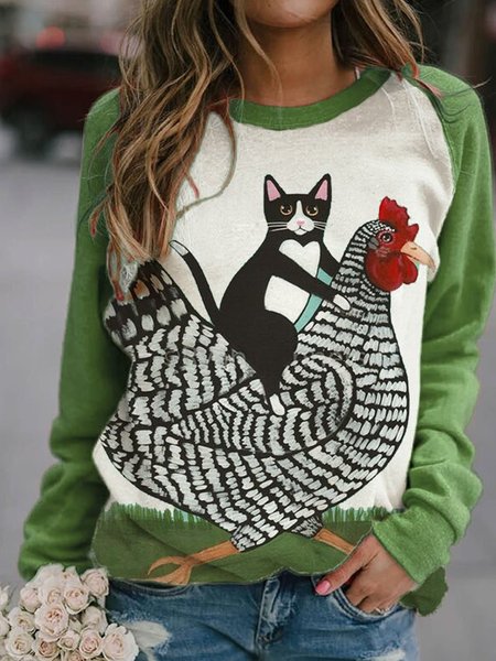 Long Sleeve Printed Cotton-Blend Casual Sweatshirt, Green, Hoodies & Sweatshirts