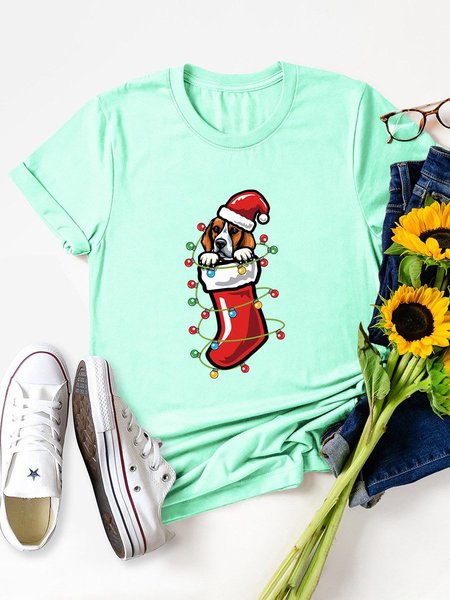 Dog in Christmas Stocking Tshirt Wimen Funny Graphic Tee Top, Mint, T-shirts