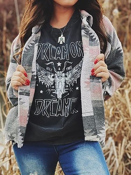 Shirt Collar Casual Shift Geometric Fleece Coat, Pink-gray, Coats
