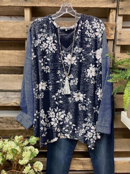 Long Sleeve Patchwork Shirts & Tops, Navy blue, Tops
