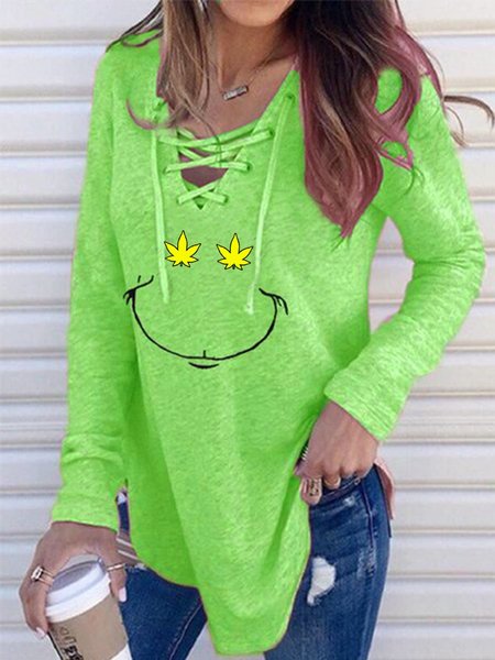 Printed V Neck Casual Long Sleeve Shirts & Tops, Green, Blouses & Shirts