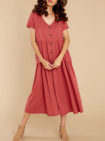 Casual Solid Short Sleeve Midi Dress, Red, Dresses