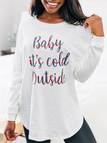 Letter Shift Crew Neck Long Sleeve Top, White, Hoodies and Sweatshirts