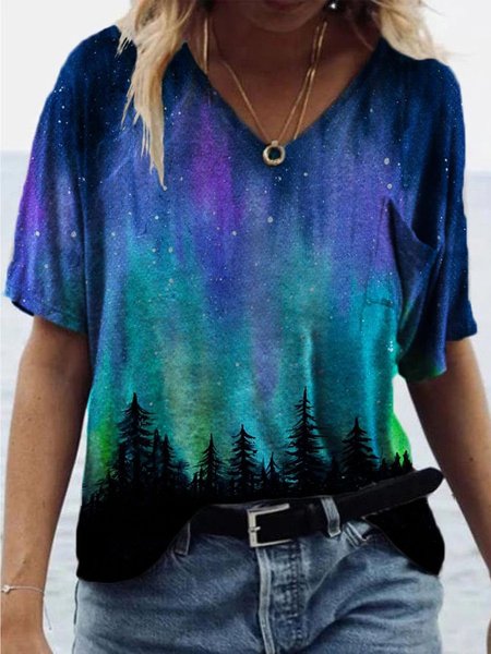 Aurora Tree Painting Print T-shirt, As picture, T-Shirts