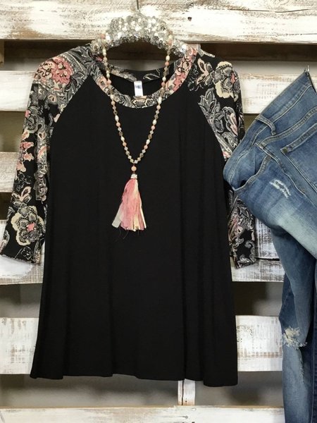 Crew Neck Floral-Print Half Sleeve Shirts & Tops, Black, Tops
