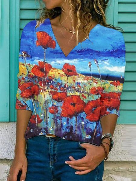 Floral Long Sleeve V Neck Sweatshirt, Blue, Hoodies&Sweatshirts