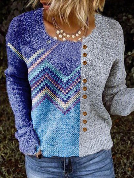 Floral-Print Long Sleeve Casual Tops, Blue, Auto-clearance