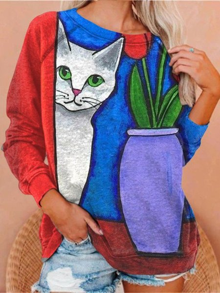 CAT Long Sleeve O-Neck Sweatshirt, Blue, Hoodies&Sweatshirts