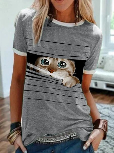 Printed Short Sleeve Cat Daily Casual T-shirt, Gray, Tees & T-shirts