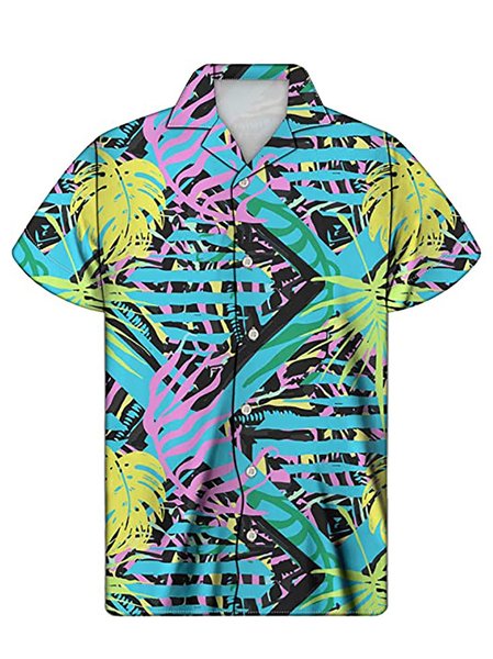 Men's Printed Shirt Collar Basic Shirts, Blue, Men's Floral shirt