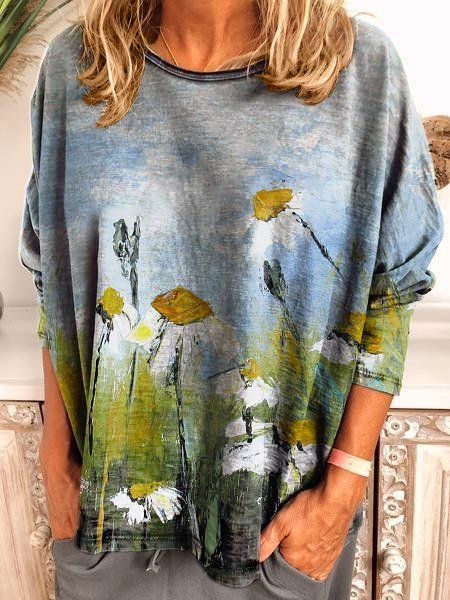 Long Sleeve Crew Neck Oil painting flowers Shirt & Top, Gray, Tops
